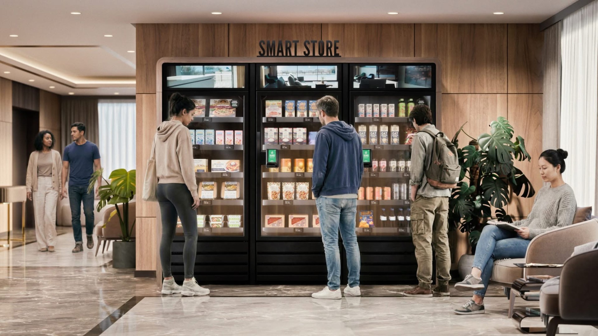 Modern smart retail micro market integrated into a premium hospitality lobby